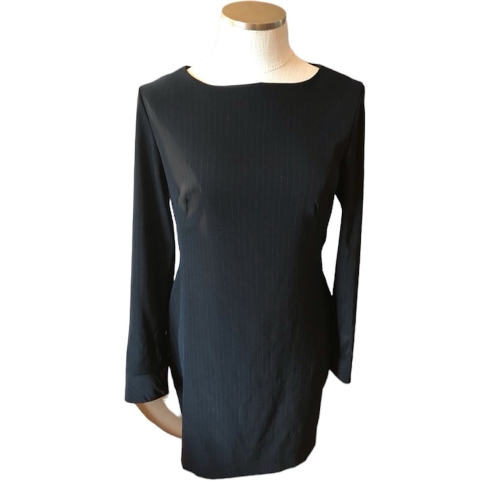 Vintage Hugo Buscati Designer Long Sleeve Pin Stripe Black Dress Size 10